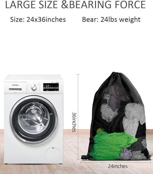 Mesh Laundry Bags with Adjustable Shoulder Strap, 24" x 36" Heavy Duty Nylon, Drawstring Closure, 3-Pack, Mixed Colors