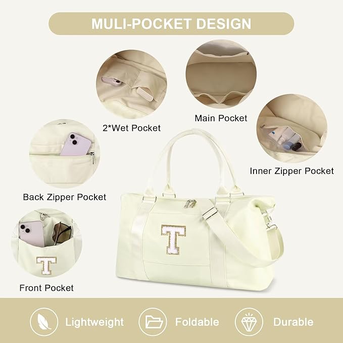 Dance Gym Duffel Bag for Teen Girls, Personalized Initial Travel Weekender Bag,Cute Overnight Carry On Duffle for Women,Sports Travel Cheer Bag,Monogram Christmas Gifts for Tween Preppy(beige-T)