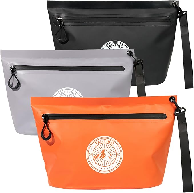 3-Pack Tactiko 3L Water Resistant Pouches - Waterproof Material w/Splashproof Zipper - Hold All Zipper Bags for Storage, Toiletries, Travel, Beach, Cruise, Home (3, Orange/Gray/Black)
