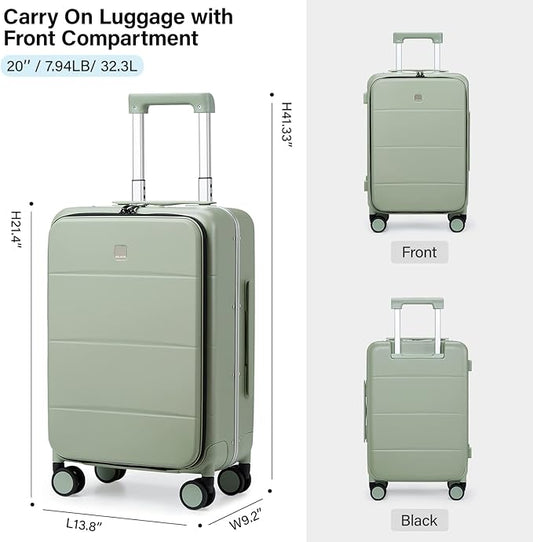 MILADA Carry On Luggage 22x14x9 Airline Approved Spinner Wheels TSA Luggage 20 Inch Hard Shell Suitcases Front Opening Pocket Rolling Aluminum Frame Travel Luggage, Bamboo Green