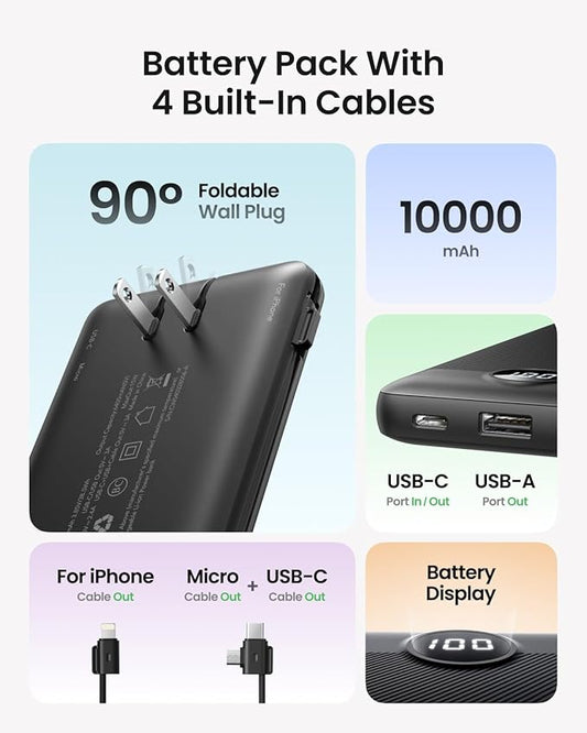 Portable Charger with Wall Plug, Slim USB C Power Bank with Built-in Cables, 10000mah LED Display External Battery Pack Compatible with iPhone/Android & More (Black)