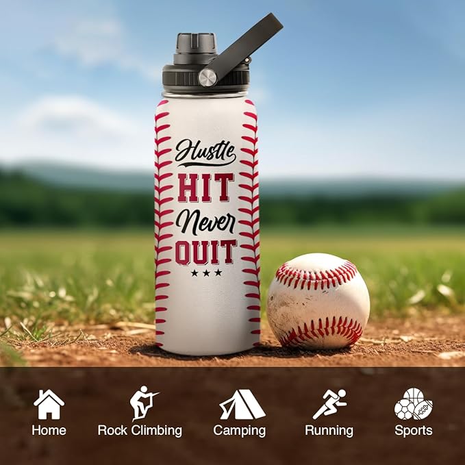 Baseball Water Bottle 32oz Hustle Hit Never Quit Stainless Steel Insulated Bottle for Men Women Sports Lovers Baseball Fans