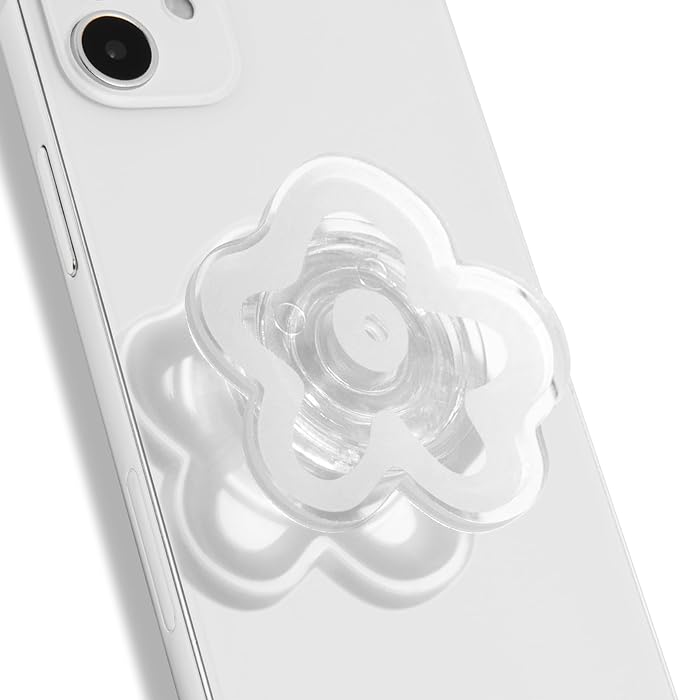 OnTheGrip Cute Transparent Daisy Flower Shape Design Mobile Phone Grip Multi Functional Collapsible Stand Holder for Smartphone Tablet Cell Phone Accessory (White)