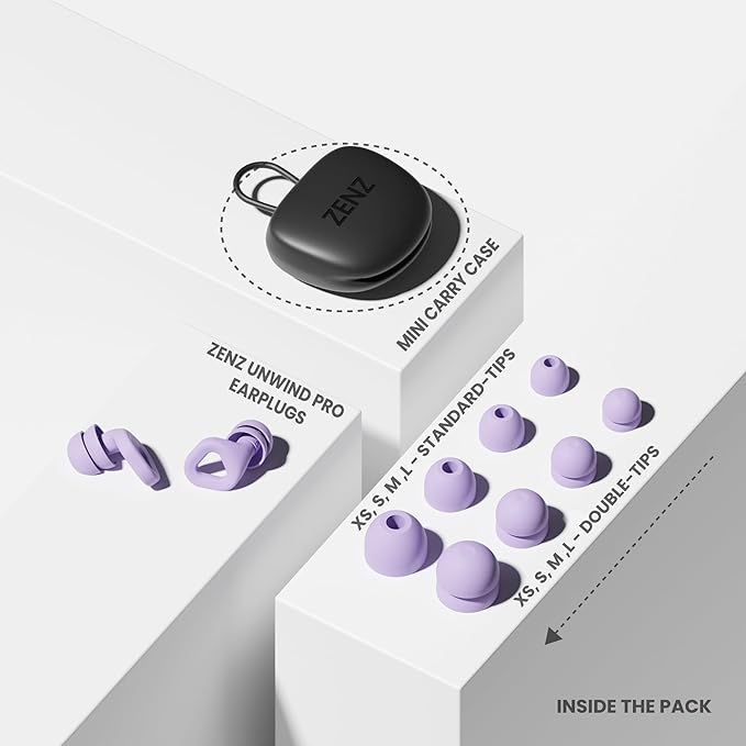 Zenz Unwind Pro Ear Plugs for Sleeping Noise Reduction – Soft Silicone Reusable Earplugs for Sleep, Focus & Work – 35dB Noise Reduction with Storage Case – XS/S/M/L Eartips (Nebula Purple, One Size)