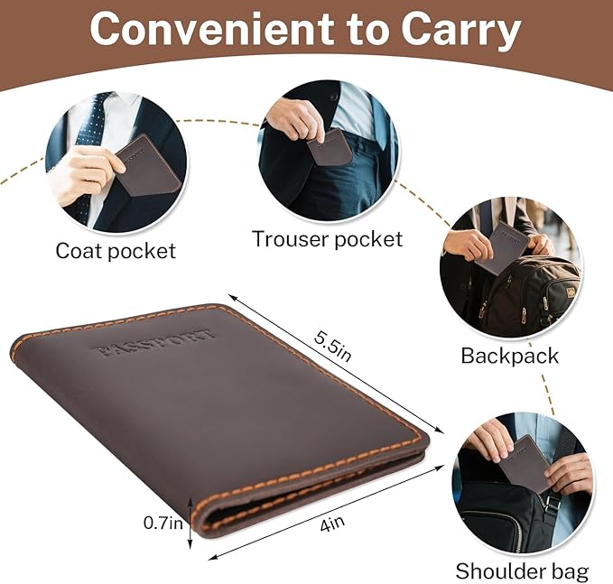 Genuine Leather Passport Holder for Travel,RFID Blocking Passport Cover, Men Passport Wallet, Folding Passport Clip with One Pocket, Two Card Slots, And One Passport Pocket(Coffee Brown)