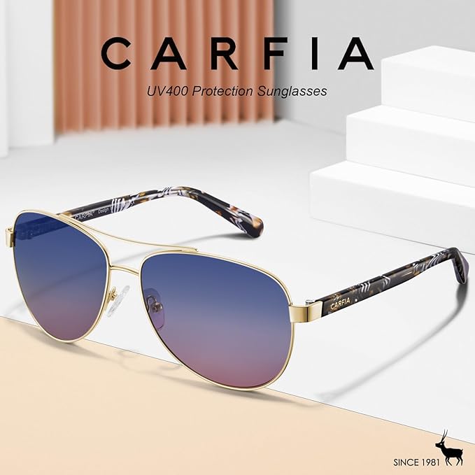 CARFIA Polarized Sunglasses for Women UV Protection Acetate Arms Metal Frame Woman's Shades CA3216