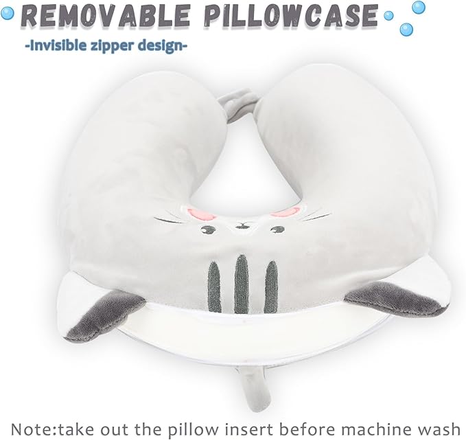 Travel Pillow, Kids Travel Pillow with Sleep Eye Mask Soft Memory Foam Kids Neck Pillow for Boys & Girls, Travel Accessories for Car Airplane Traveling - Grey Cat