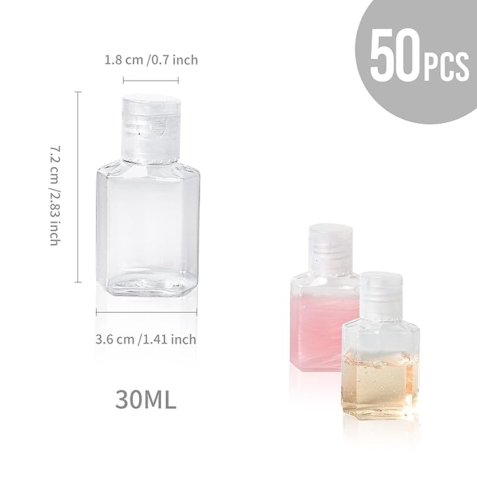 50 Pcs 1 oz Hand Sanitizer Bottles Empty Clear Travel Bottles Refillable Plastic Containers with Flip Cap for Outdoor, Camping and Trip