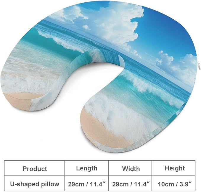 Memory Foam U-Shaped Travel Pillow Neck Pain Relief, Ocean Beach Blue U-Shape, Removable Cover Airplane Car Office