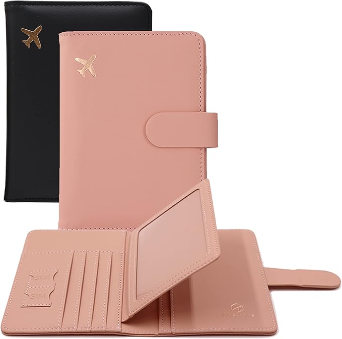 Melsbrinna Rfid Passport Holder for Travel women/Men, Cute Passport Wallet Rfid Blocking Card Slots, Rfid Passport Cover/CaseTravel Wallet, Passport Book Holder (2, Black pink)
