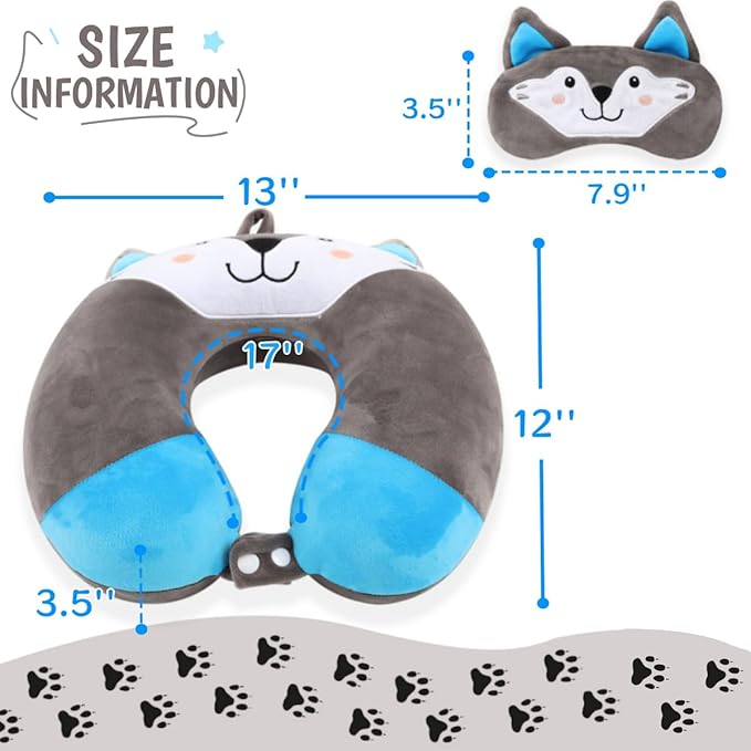 Sexysamba Travel Pillow for Kids Adults with Sleep Eye Mask Cute Cartoon U Shaped Memory Foam Neck Pillows for Travel Head Rest & Neck Support for Airplane, Car, Office Sleeping, Grey Wolf