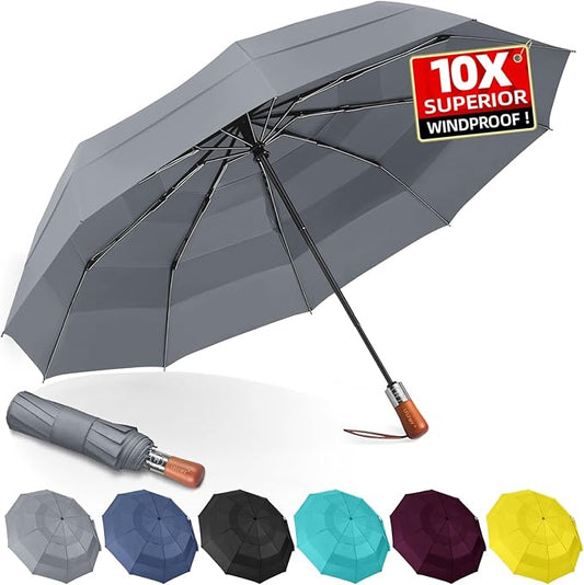 Umbrellas for Rain, 47" Large Windproof Travel Umbrella, Triple-Layer Vented Canopy, 10 Fiberglass Ribs, Auto Open Close Compact Umbrella, Wooden Handle, Heavy Duty for Commute, Gifts for Men & Women