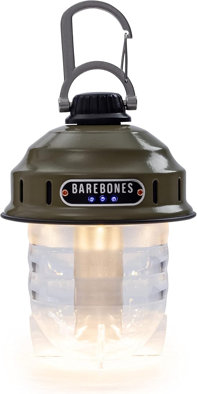 Barebones Beacon Hanging Light – Olive Drab, Rechargeable LED Camping Lantern with Adjustable Brightness – Weatherproof Vintage-Style Hanging Lantern for Outdoor Adventures and Year-Round Use