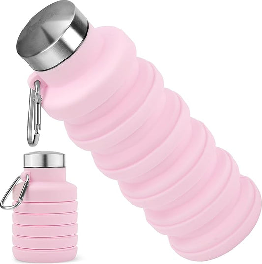 Collapsible Water Bottle, 16oz Portable Reusable Silicone Water Bottle, BPA-Free Leak-Proof Foldable Design with Carabiner, Lightweight Durable for Gym, Travel, Camping, Hiking, Sports, Light Pink