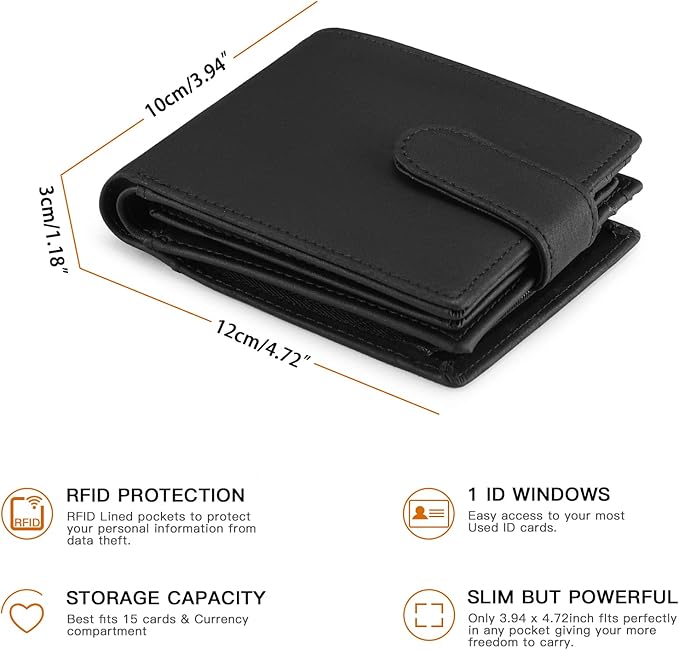 GOIACII Mens Wallet Large Capacity Genuine Leather RFID Blocking Bifold Wallets for Men with ID Window and 15 Card Slots