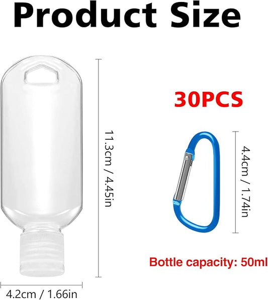 30 Pcs Hand Sanitizer Keychain,1.7oz Refillable Travel Refillable Travel Bottles Containers,Portable Liquid Squeeze Containers for Toiletries(Bottle + Lid + Hook)