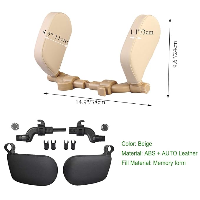 JZCreater Car Seat Headrest Pillow, Head Neck Support Sleeping Travel Seat Pillow with Cushion Foam,Premium Seat Head Pillow,360 Degree Adjustable Long Trip Rest Headrest Pillow for Kids Adult, Beige