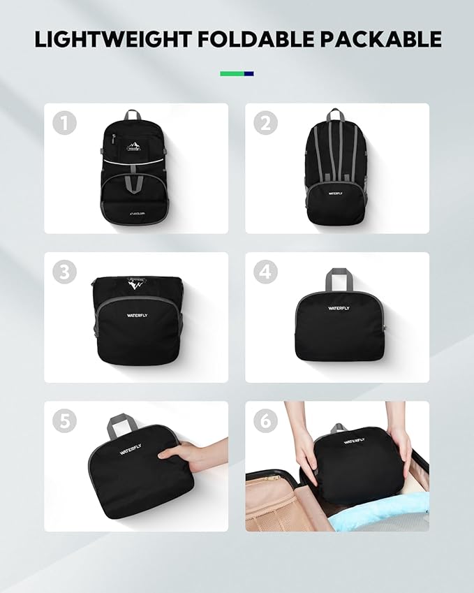 WATERFLY Hiking Packable Daypack Backpack: 35L Ultra Lightweight Day Pack for Woman Man - Large Compact Folding Back Pack for Outdoor Sport Cycling Camping Travel Trip - Black