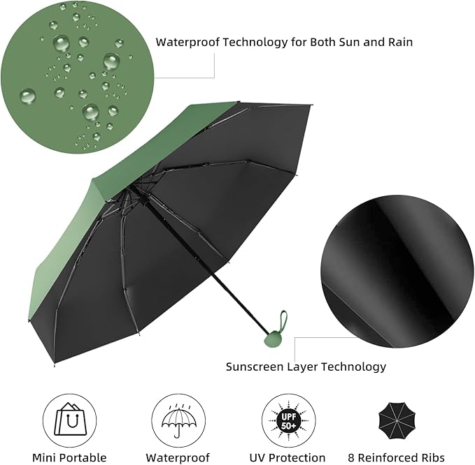 Travel Mini Compact Folding Umbrella with Case - UV Sun & Rain Protection, Lightweight Portable Pocket Umbrella for Women Men Kids, Fits Purse Backpack