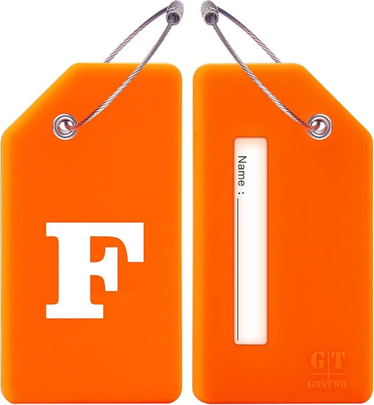 Gostwo 2 Pack Silicone Luggage Tags for Suitcases, 26 Initial Letter Baggage Labels Handbag School Bag Suitcase Instrument Tag with Stainless Steel Loop(Orange)(Letter F)