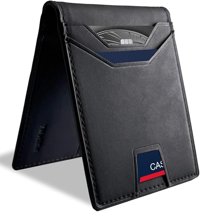 7worldlet Slim RFID Blocking Wallets for Men Synthra™ Ultra Leather Bifold Minimalist Wallet 11 Cord Holder Thin Mens Wallet with Gift Box (Black+Black)