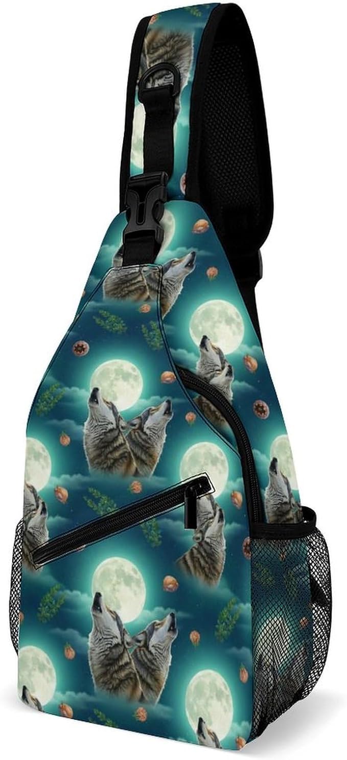 SWEET TANG Polyester Shoulder Sling Bag Multipurpose Casual Sport Daypack Unbalance Backpack with Small Pocket and Smooth Zipper, Howling Moon Wolf