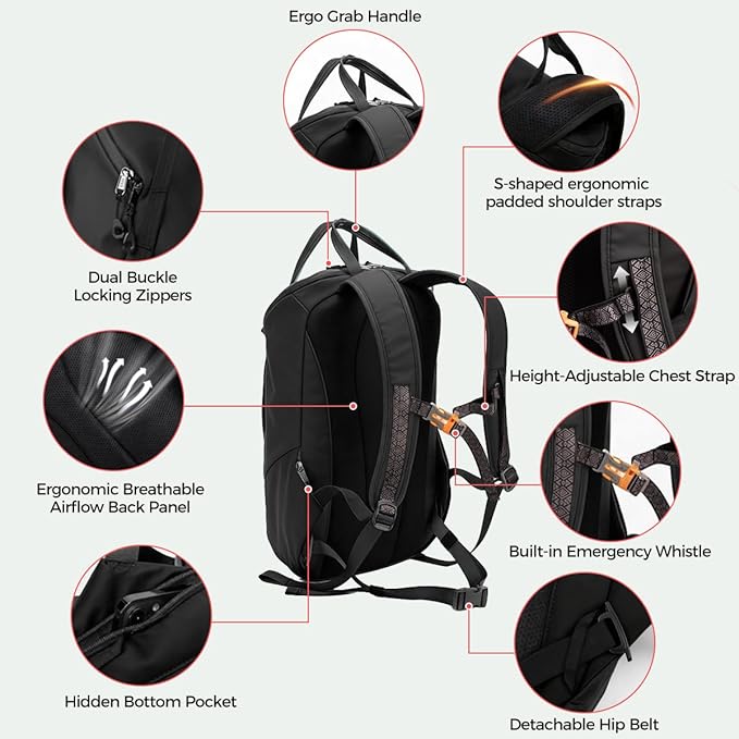 INUK Laptop Backpack for College Students & Work, 25L Lightweight Waterproof Backpack for Business Travel, Hiking Daypack with Padded Sleeve and Safety Whistle, Made from Recycled Materials，Black