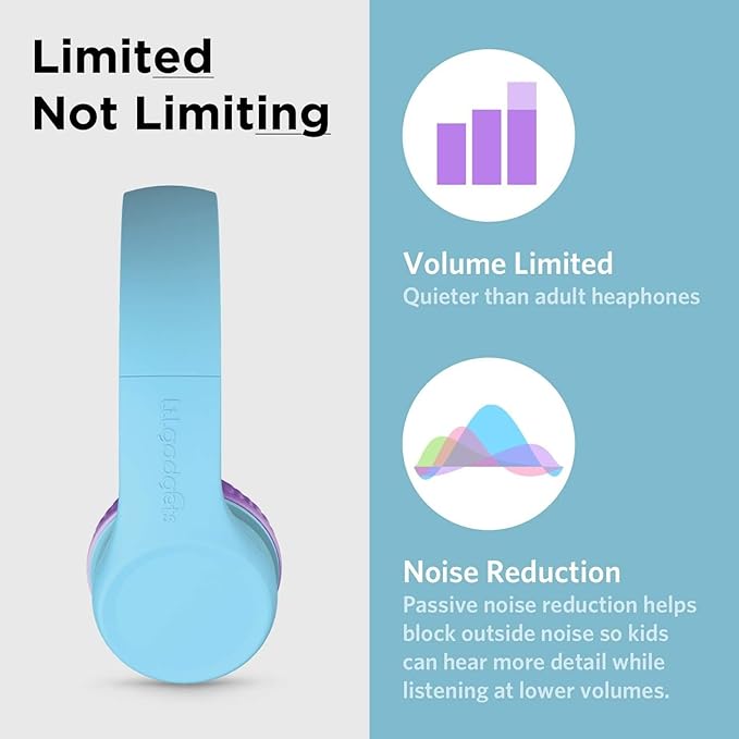 LilGadgets Connect+ Foldable Headphones, Adjustable Fit Soft Touch Padding for Kids with Mic, Volume-Limited & Noise Reduction On-Ear Wired Headset for School with SharePort - Blue/Purple, Ages 3-14