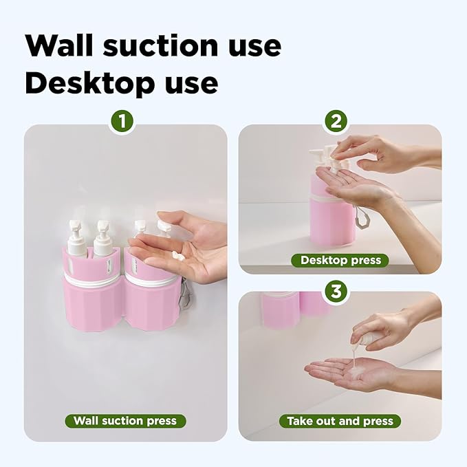 YOTIME 4in1 Travel Bottles with Suction Cup, TSA Approved Leak Proof Travel Size Containers for Toiletries, Refillable Travel Accessories for Shampoo, Body Wash and Conditioner, Pink