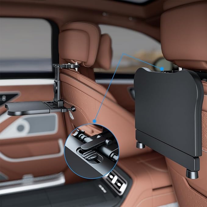 Car Back Seat Tray Table - Stable Foldable Auto Backseat Food Trays Desk for Rear Passenger Road Trip Eating & Work, Multifunctional Adjustable Travel Tray with Phone Drink Holder for Laptop iPad