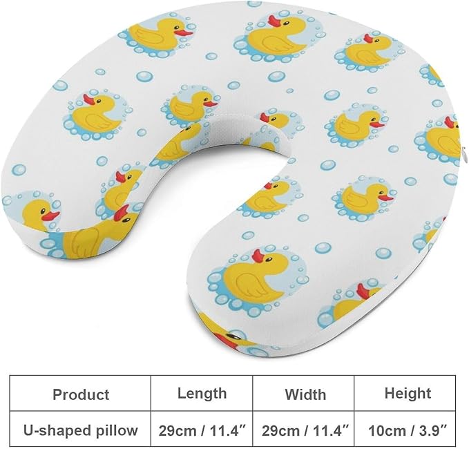 Cute Decorative Travel Neck Pillow Memory Foam Chin Cushion Cute Funny Cartoon Yellow Rubber Ducks Bubbles, Washable Cover for Women Airplane Car Home Sleeping Rest