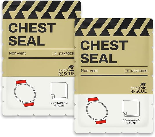 RHINO RESCUE Chest Seal Non-Vented, Sterile Emergency Trauma Dressing, Occlusive Adhesive Pad, IFAK Refill & Medical First Aid Supplies for Wound Care, Gunshot Wound, Sucking Chest (2 Count)