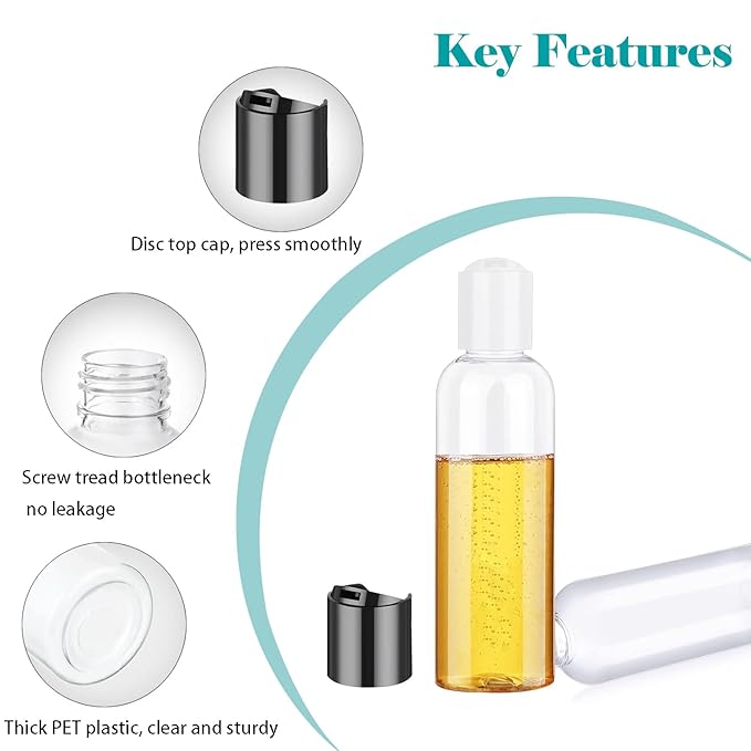 Toiletry Travel Bottles for Men Women, 3.4oz/100ml Refillable Plastic Containers with TSA Approved Toiletry Bag - Clear Cosmetic Kit for Shampoo, Conditioner, Lotion and Travel Essential(4Pack, Black)