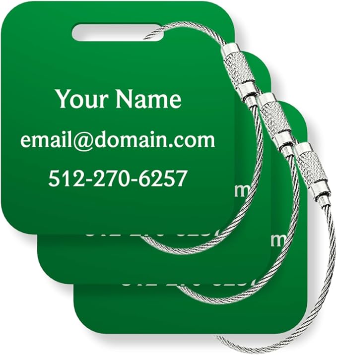 Custom Metal Luggage Tags (3 or 6 Pack) - Personalized Unique Suitcase & Backpack Travel, Durable, Waterproof & Heavy Duty (Green)