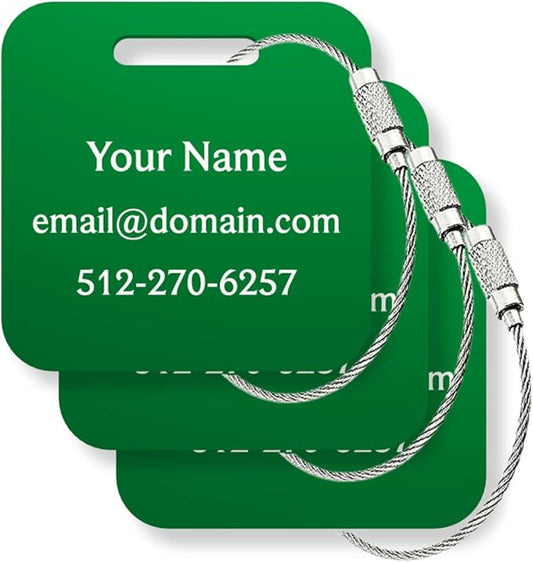 Custom Metal Luggage Tags (3 or 6 Pack) - Personalized Unique Suitcase & Backpack Travel, Durable, Waterproof & Heavy Duty (Green)