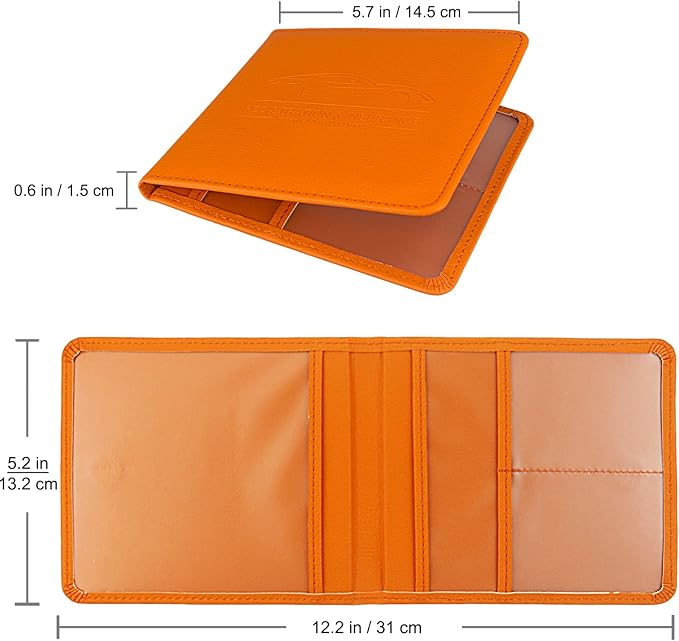 Car Registration and Insurance Holder, Leather Registration and Insurance Card Holder, Vehicle Glove Box Organizer - For Documents, Cards, License (Orange)