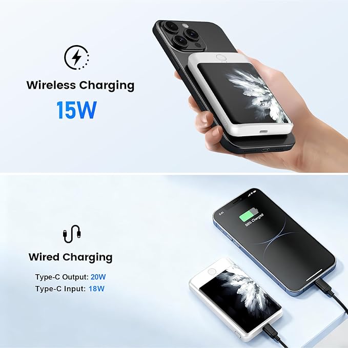 Magnetic Portable Charger Power Bank 5000mAh, 15W Ultra Slim Fast Charging Wireless Charger, Travel Essential for iPhone 17/16/15/14/13/12 Pro, iPad, Android, Metal Shell with USB-C Cable (Silver)