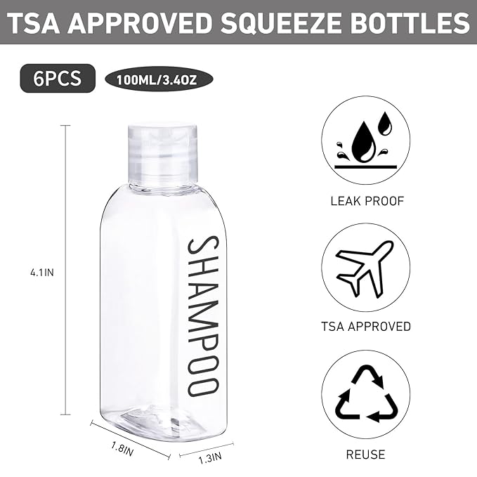 Travel Bottles for Toiletries 6 PCS 3.4oz/100ml Travel Size Containers Plastic Lotion Bottle TSA Approved Leak Proof Squeeze Bottles with Flip Cap for Toiletries, Shampoo & Lotion (Clear)