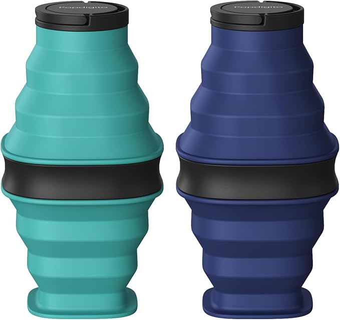 2pcs Collapsible Water Bottles,600ml Foldable Water Bottle BPA Free Reusable Lightweight LeakProof Silicone Bottle for Travel Hiking Camping Sports,Collapses to 1.5” with Anti-Collapse Ring