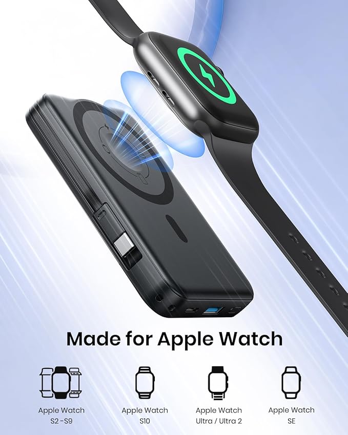 Hiluckey 10000mAh Magnetic Power Bank with Built in 20W USB C Cable, Ultra Slim 15W Fast Charging Wireless Portable Charger for iPhone 17/16/15/14/13/12 Pro/Pro Max Apple Watch, Travel Battery Pack