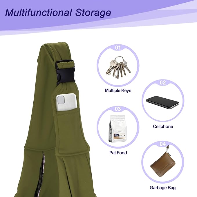 PETAXCELL Dog and Cat Sling Carrier Up to 16.5 Lbs, Hand-Free Reversible Pet Sling Carrier with Adjustable Strap and Pocket, (Army Green, 1 Pcs) Intended for Hiking/Camping/Traveling