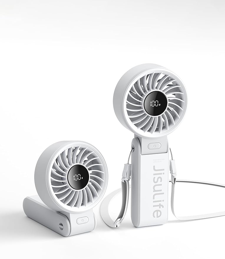 JISULIFE Handheld Fan Life7 – Ultimate Flexibility: High-Power Motor, LED Display, 19.5 Hrs Cooling, 5000mAh Rechargeable, 5-Speed, Foldable Design, 3-IN-1 Portable Fan for Travel Cruise Beach(Grey)