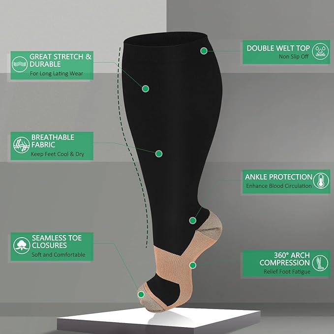 3 Pack Plus Size Compression Socks for Women & Men, Extra Wide Calf Knee High Stockings for Circulation Support