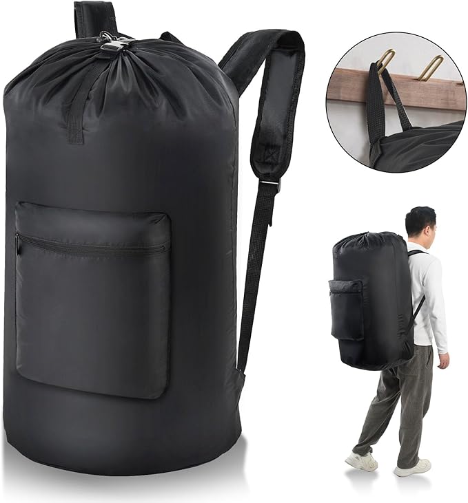 OTraki Backpack Laundry Bag, Large Travel Laundry Bag with Adjustable Shoulder Straps, Portable Heavy Duty Dirty Clothes Laundry Backpack Bag for College Dorm/Laundromat/Apartment, Black