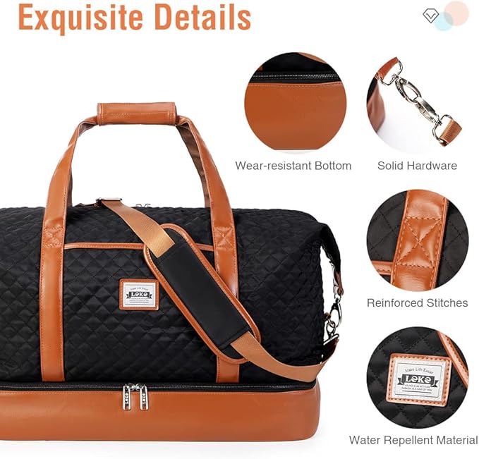 Weekender Bags for Women, Travel Duffle Bag Carry On Travel Bag Overnight Bag with Shoe Compartment Toiletry Bag, Large Weekend Tote Bag Gym Bag Hospital Bag for Labor and Delivery, 50L Quilted Black