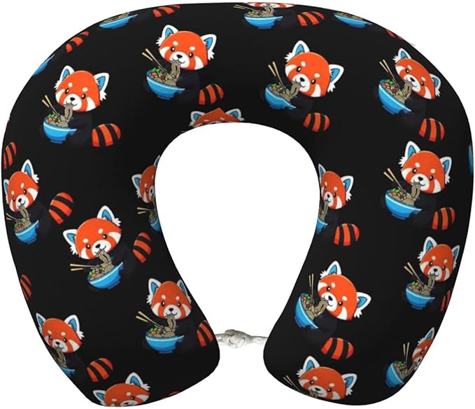 Unique Travel U Shaped Pillows Red Panda Eating Ramen for Airplanes Car Flight, Comfortable Chin Head Neck Cushion Supporting, Polyester Removable Cover