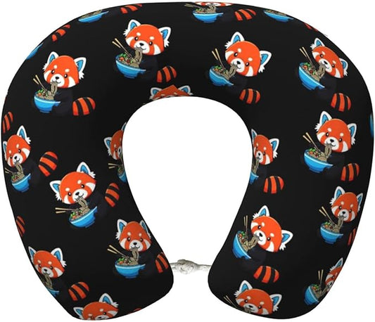 Unique Travel U Shaped Pillows Red Panda Eating Ramen for Airplanes Car Flight, Comfortable Chin Head Neck Cushion Supporting, Polyester Removable Cover