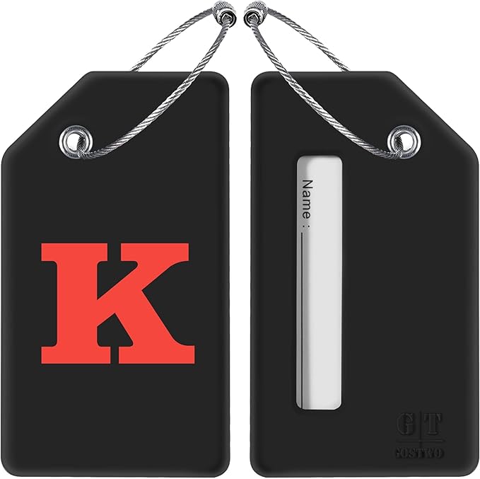 Gostwo 2 Pack Silicone Luggage Tags for Suitcases, 26 Initial Letter Baggage Labels Handbag School Bag Suitcase Instrument Tag with Stainless Steel Loop(Black & White) (Letter K)