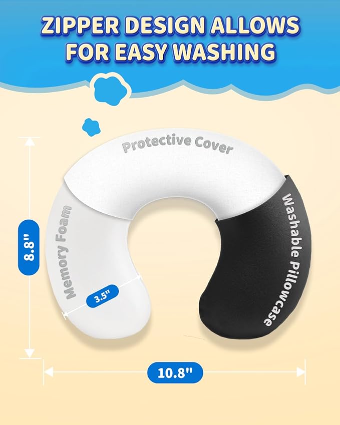 Memory Foam Kids Travel Pillow, Kids Neck Pillows for Travel Car, Cute Airplane Pillow, Washable (Black Cat, 3-5 Y/O)