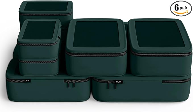NOBL Travel Compressible Packing Cubes Set, 6 Pieces Travel Packing Organizers, Compression Luggage Cubes for Suitcases & Carry On, Space Saving (XXS, XS, S, M, L, XL) - Forest Green